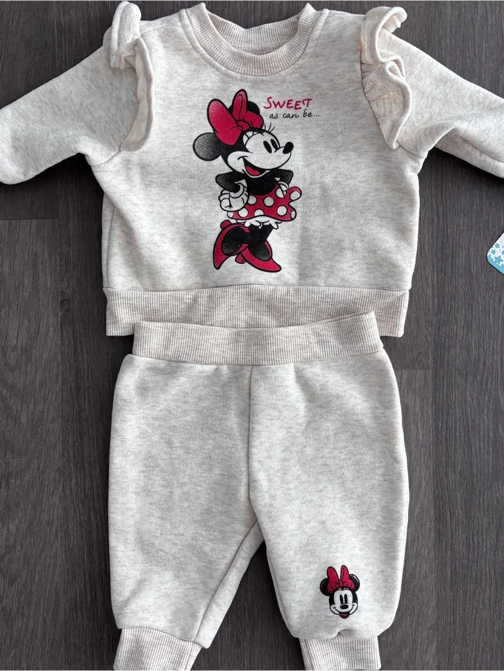 Disney Baby Minnie 2 piece Sweatshirt Sweatpants Set Ruffle Beige 0-3m